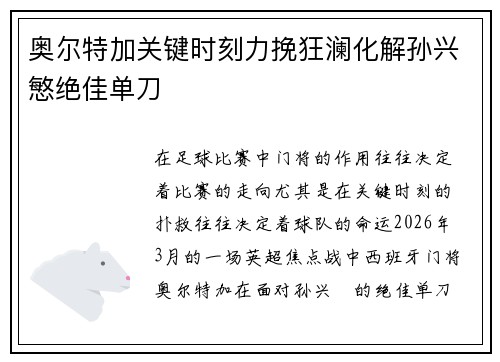 奥尔特加关键时刻力挽狂澜化解孙兴慜绝佳单刀 奥尔特加关键时刻力挽狂澜化解孙兴慜绝佳单刀